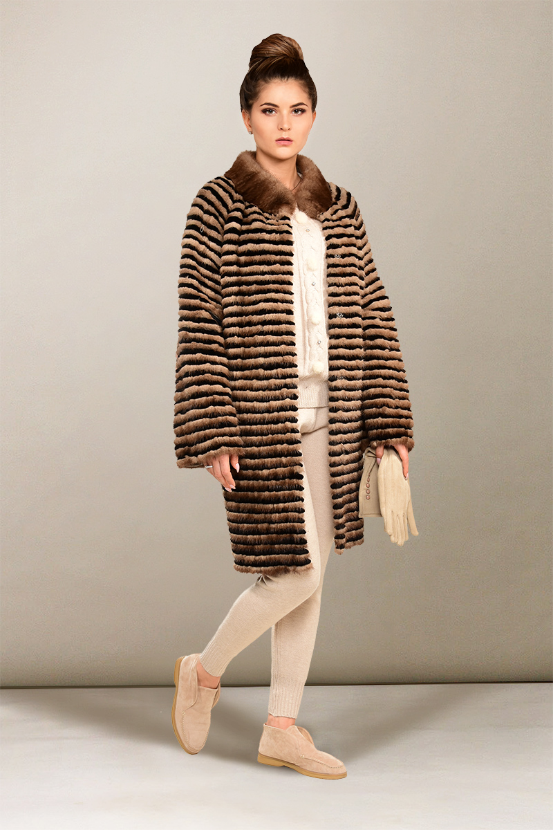 Шуба из норки демисезонная с воротником из кролика  ШД-301 к  цвет Коричневый фото