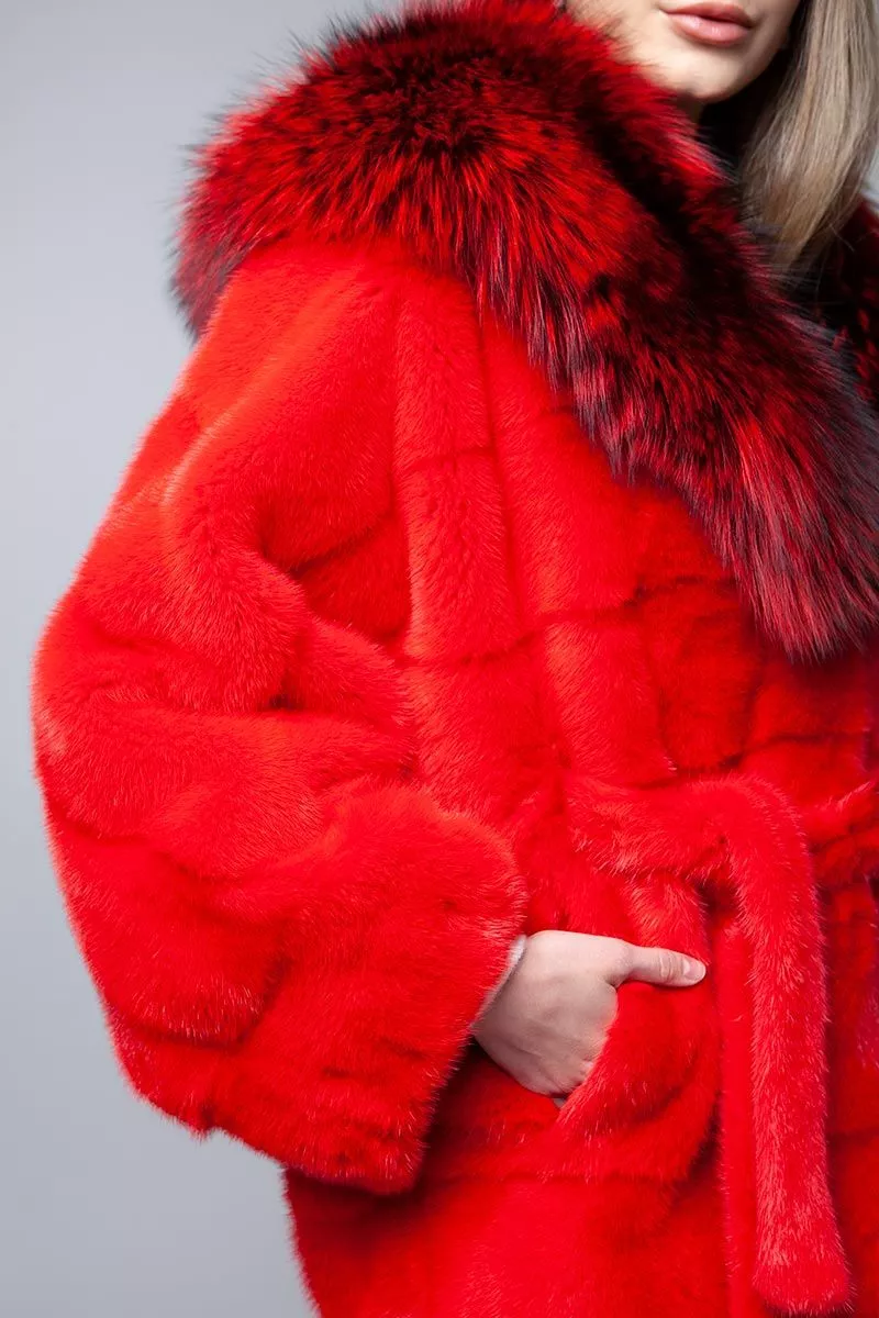 Шуба норковая красная с капюшоном из чернобурки ШС-212 кра цвет  фото